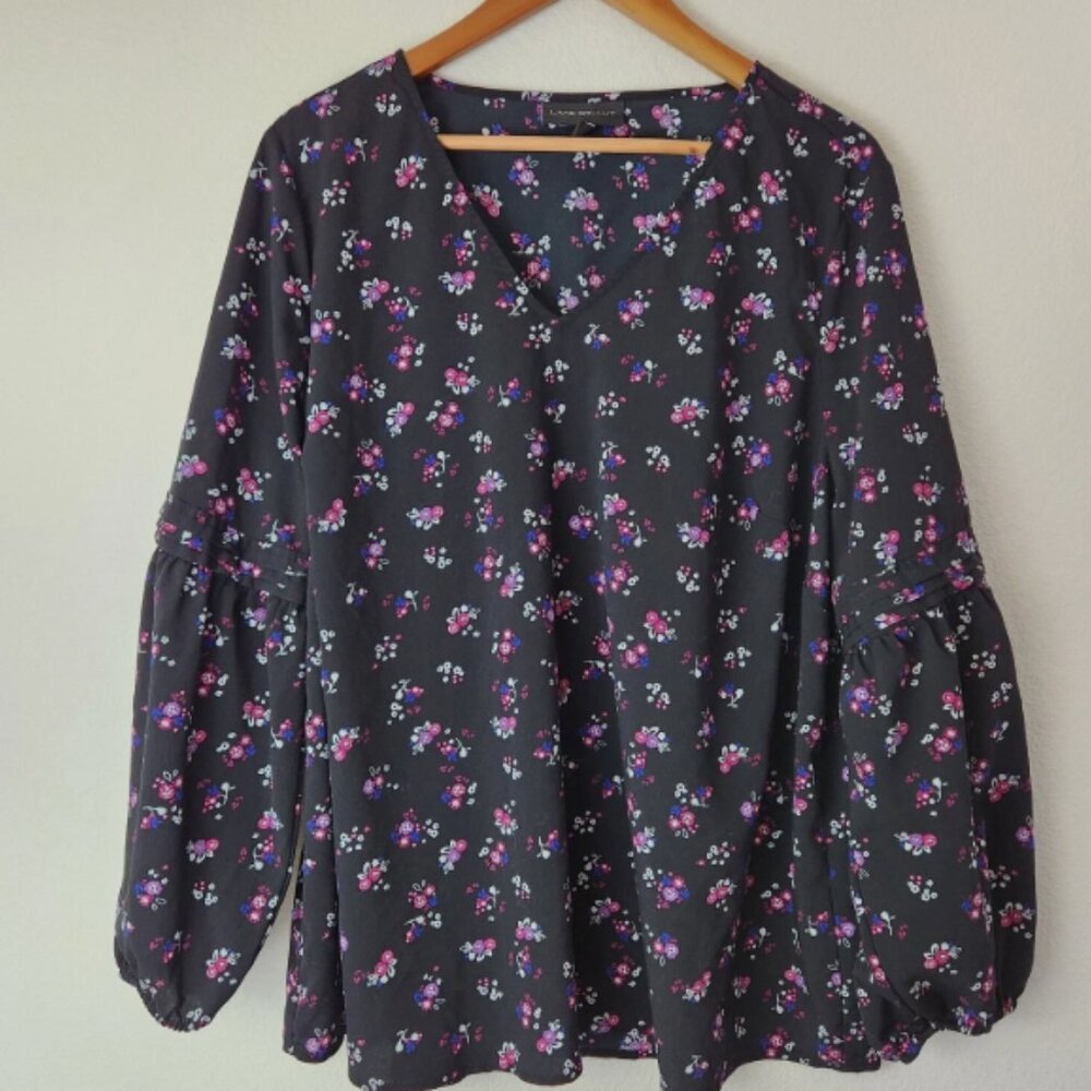 Lane Bryant Black Floral Tunic Blouse Pink Purple Flowers ruffle sleaves